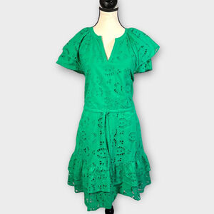 FAT FACE Green Brady Broderie Dress 12 US 100% Cotton Tie Waist V-Neck Pockets